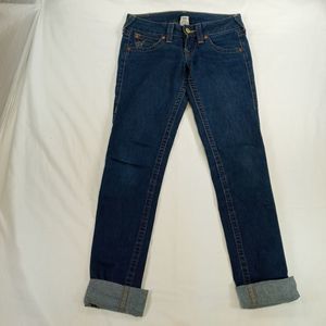 True Religion indigo wash blue jeans cuffed USA made women's 27 skinny low rise